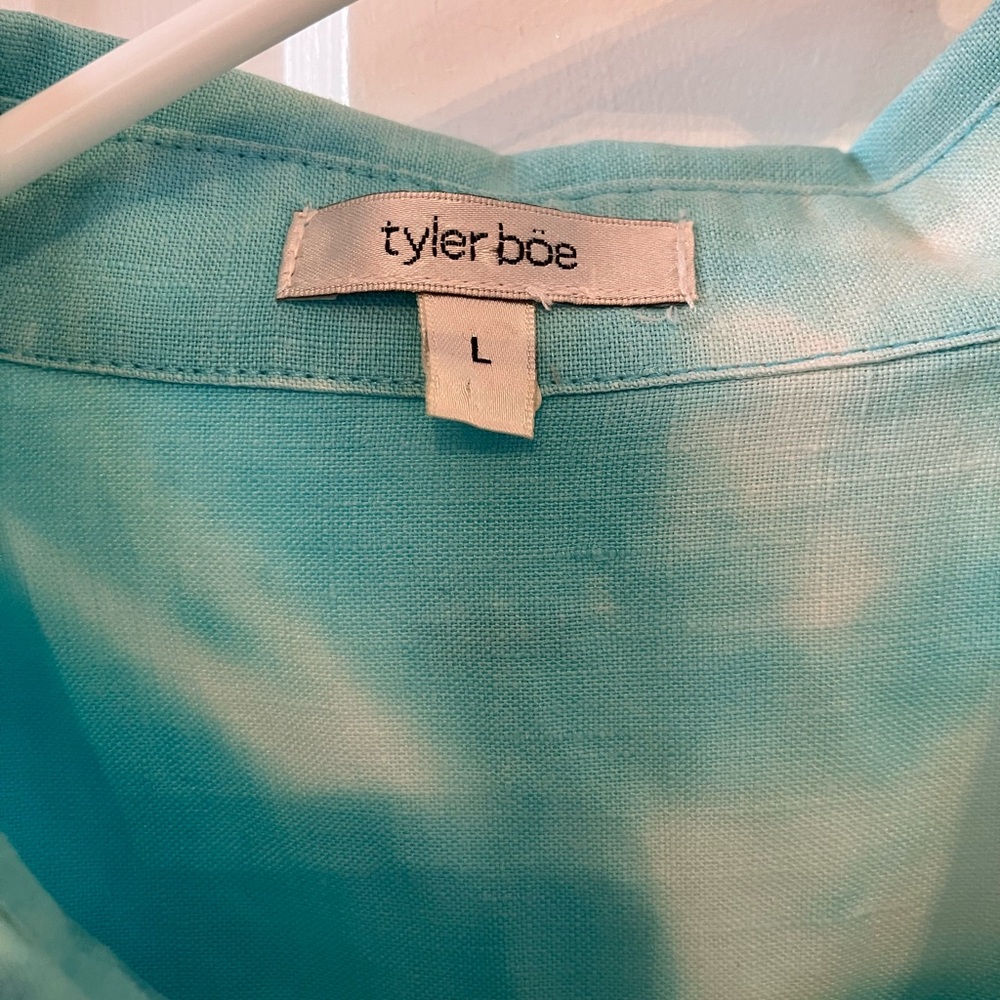 Tyler Boe Turquoise Blue Tie-Dye Button-Down Linen Shirt L - Picture 7 of 10
